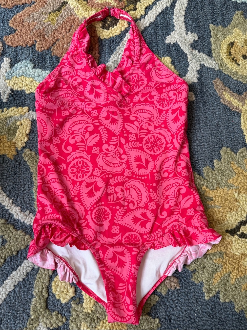 Garnet Hill Kids Floral Halter One-Piece Swimsuit - Hot Pink Size 14 Ruffle